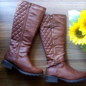 Quilted Knee High Western Boots - Brown